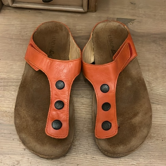 Haflinger Leather Sandals Orange Suede Footbed Button Embellishments Size 41/10 - Picture 1 of 11